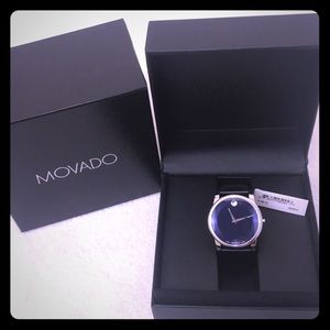 Movado black leather band midnight blue face watch